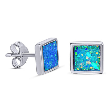Princess Stud Earring Lab Created Blue Opal Solid 925 Sterling Silver (8mm)
